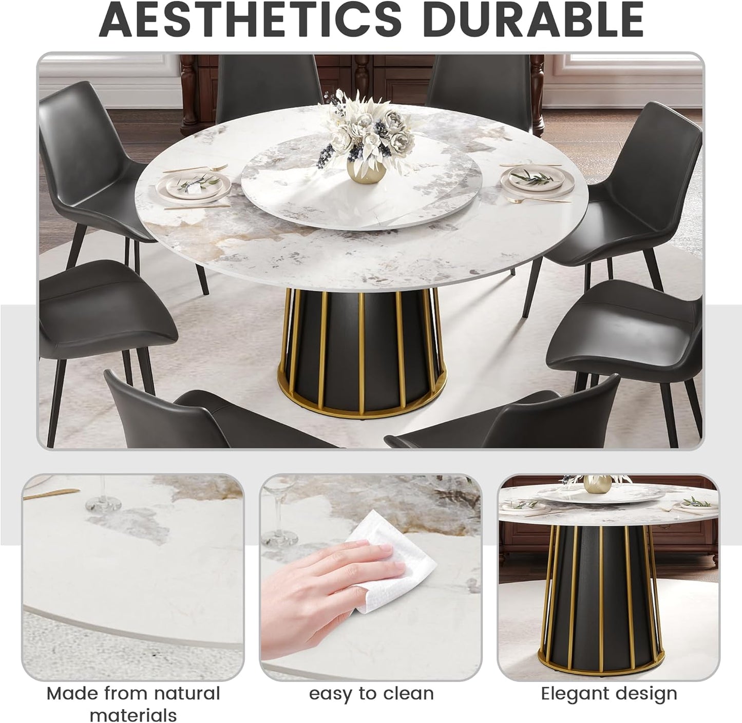 Montary 9 Piece Dining Table Chairs Set, Modern Dining Table Set of 8, Includes 59" D Marble Round Table with Metal Iron Base, 8 Grey Black Dining Chairs for Home, Kitchen