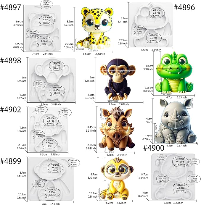 Fondant Molds Safari Animal Cake Topper 6-count Kit Leopard Mongoose Chimpanzee Crocodile Rhinoceros Warthogs