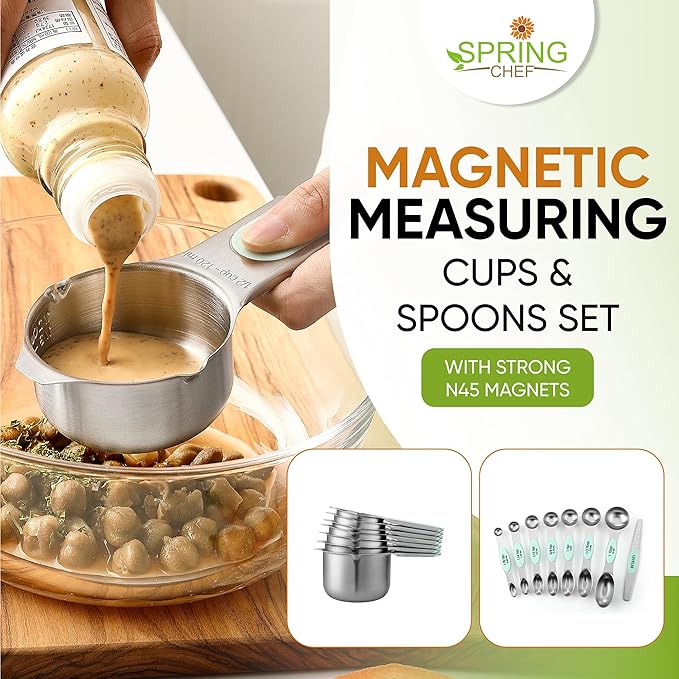 Spring Chef Magnetic Measuring Cups & Spoons Set, Patented, Strong N45 Magnets, Heavy Duty Stainless Steel Fits in Spice Jars for Baking & Cooking, BPA Free, Round Set of 15 with Leveler, Mint