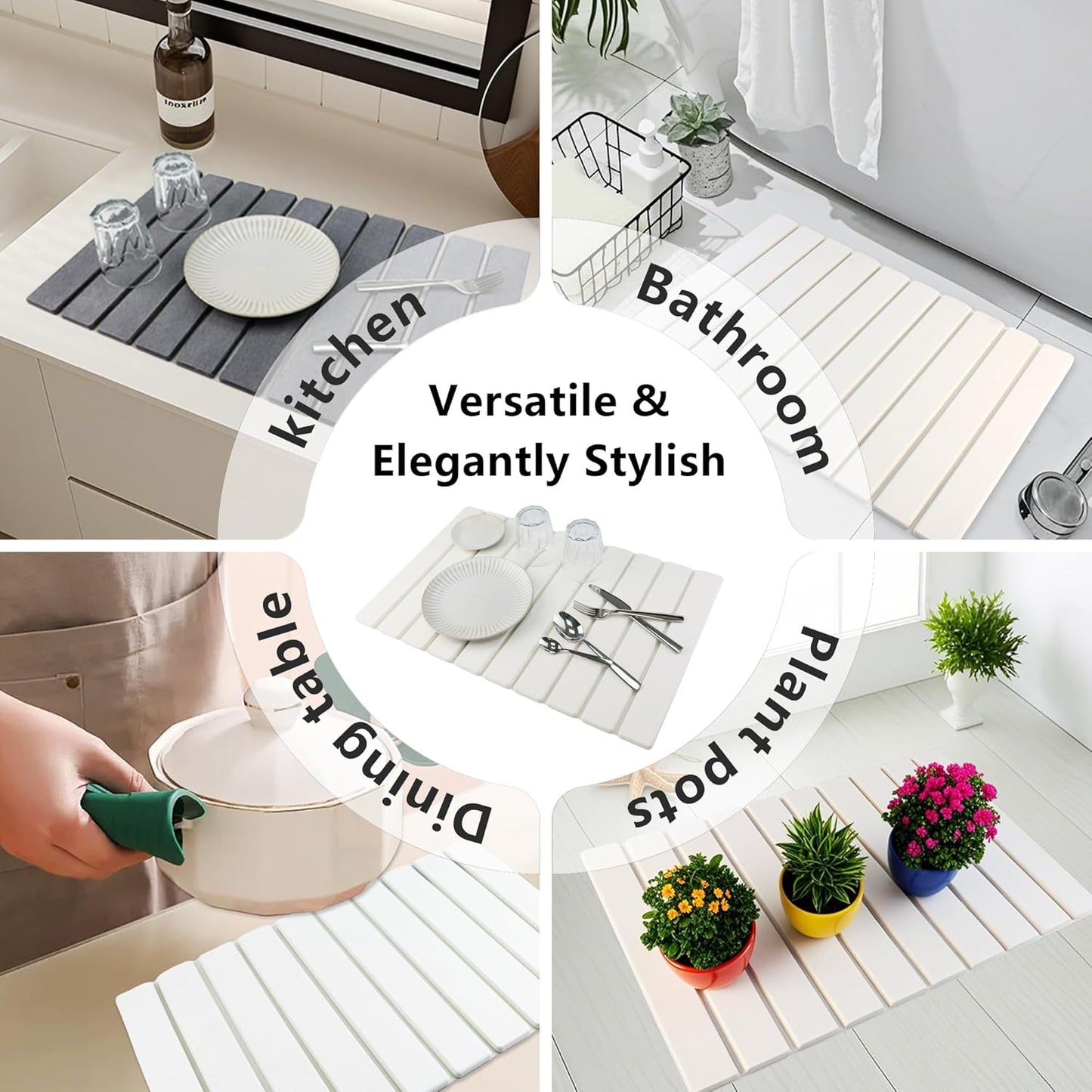 Large Stone Drying Mat for Kitchen Counter Diatomaceous Earth Collapsible 24”（L）*16”（W）Super Heat Resistant Mats, Quick Absorbent Dish Drying Rack（Light Gray）