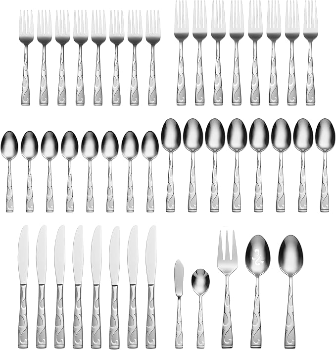 Oneida Silverware Set For 8, Tuscany 45-Piece Everyday Flatware Set with Serving Utensils, Service For 8, 18/0 Stainless Steel, Dishwasher Safe, Knives Spoons And Forks Sets, Dining (Silver, 45 Piece)