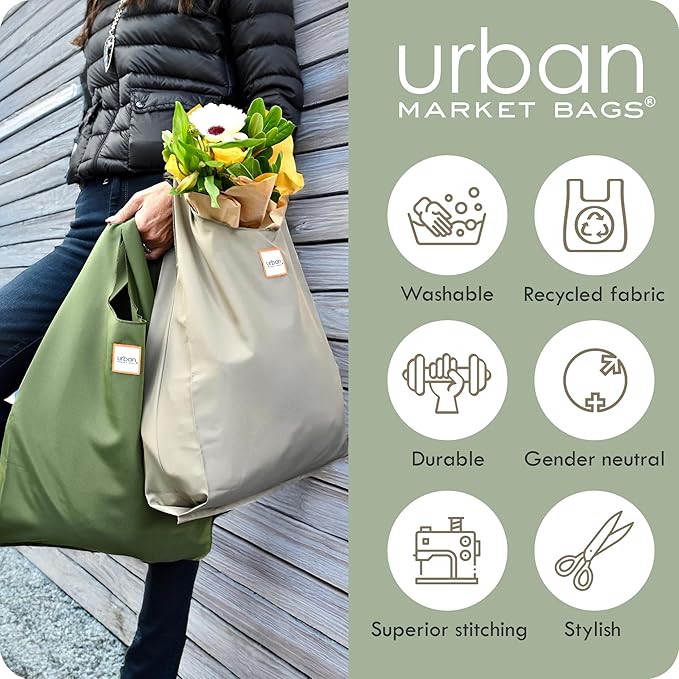 Urban Market Bags - Meadow - 6 Foldable Reusable Shopping Bags in 1 Compact Pouch, Luxury Quality, Recycled Fabric, Holds 50+ lbs, Machine Washable, Pouch Fits in Cupholder, Designed in California