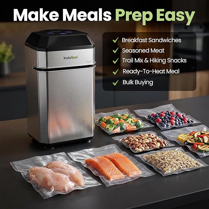 InstaSeal Vacuum Sealer for Food with 12 Bags, Preserves Foods 5x Longer, Space Saving Compact Upright Design Allows Machine to Seal Marinades, Soups, Meats for Sous Vide Cooking, Vegetables