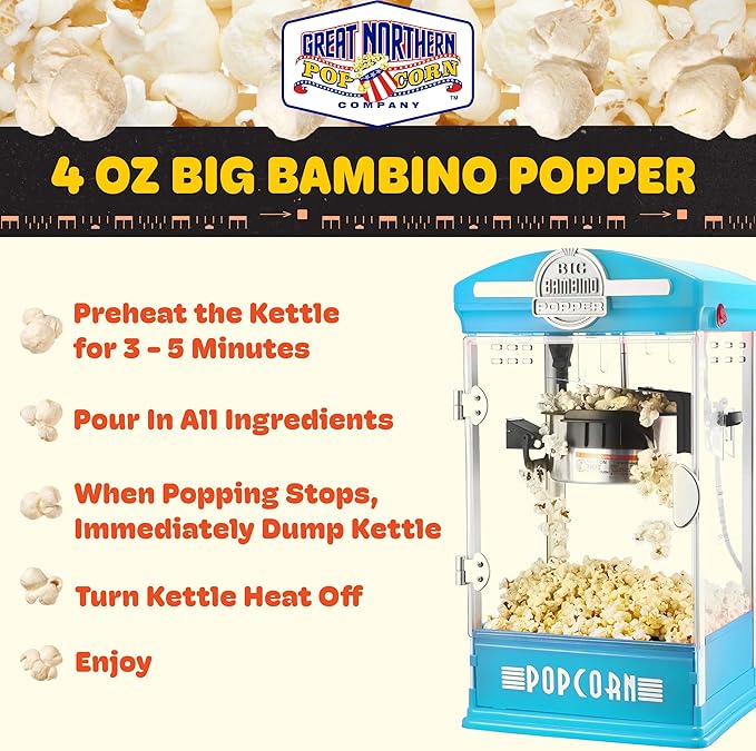 Big Bambino Popcorn Machine - Old-Fashioned Popcorn Maker with 4-Oz Kettle, Measuring Cups, Scoop, and Serving Cups by Great Northern Popcorn (Blue)