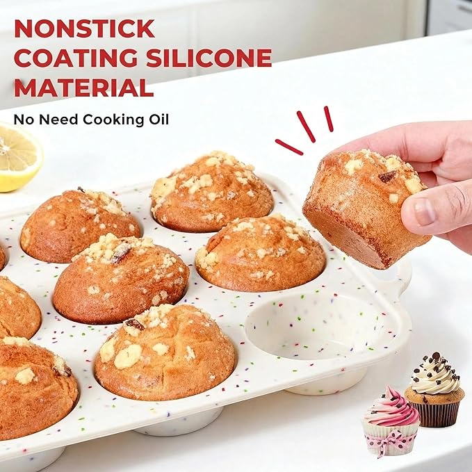Silicone Muffin Pan for Baking: 12 Cup Muffin Pan with Metal Reinforced Frame, Regular Size Cupcake Egg Bites Molds for Baking, BPA Free Silicone Muffin Tray, Dishwasher Safe (1 Pack, White)