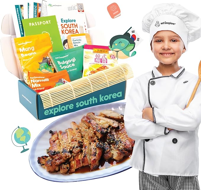 eat2explore Cooking Kits for Kids 14 Pcs – Interactive & Educational Kids Cooking Sets Real for Ages 5 and Up,3 Recipe Cards & Global Ingredients – Perfect for Families and Homeschooling (South Korea)