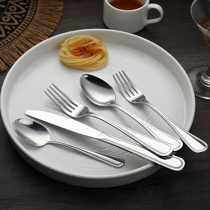 Amazon Basics Silverware Set, Stainless Steel Flatware, Dishwasher Safe, Service for 4, 20-Piece Forks and Spoons, Crown Edge, Everyday Use