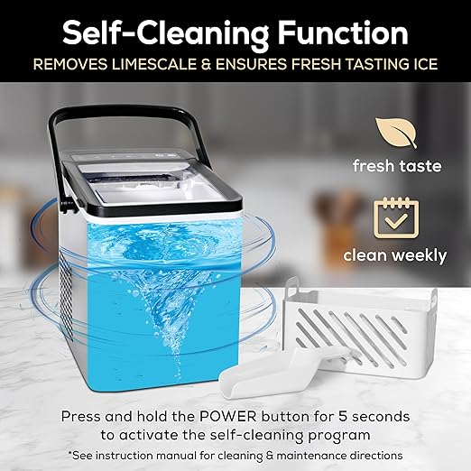Igloo Handled Portable Ice Maker with Scoop- Ice Maker with LED Control Panel & 1 Quart Water Tank-Ice Cube Maker Produces 26 Lbs of Ice in 24 Hours with 9 Large or Small Cubes In 7 Minutes- Stainless