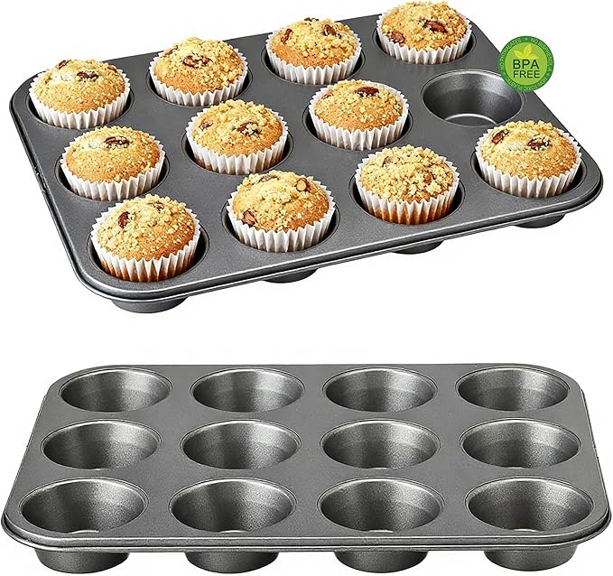 Muffin Pan for Baking, Nonstick Cupcake Tin 12 Cup, 2 Pack Cup Cake Tray, Premium Cheesecake Pans, Dishwasher Safe- Carbon Steel