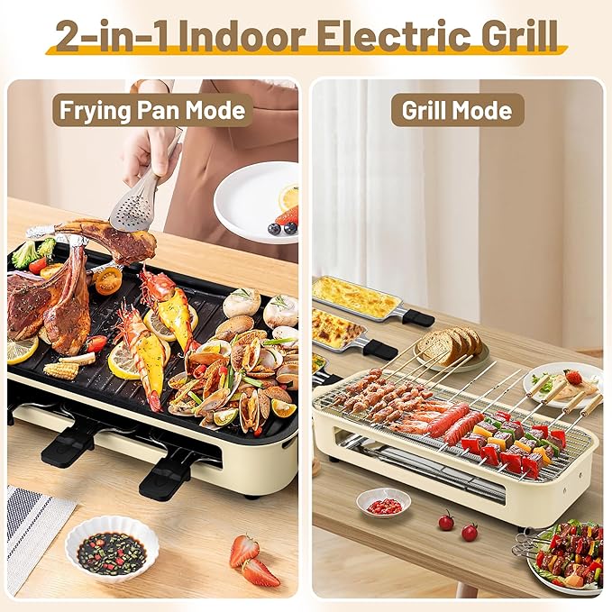 Pukomc Electric Indoor Grill,2 in 1 Indoor Grills for Kitchen with Grill Net & Non-Stick Cooking Removable Plate, Temperature Control, Dishwasher Safe, 1800W Large Smokeless Griddle