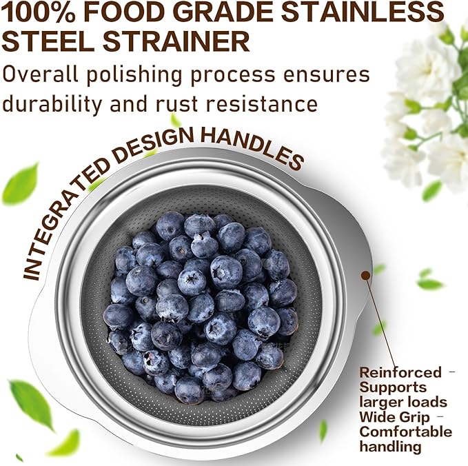 Stainless Steel Strainer with Mixing Bowl, Rice Washer, Colander for Kitchen, Rice Strainer, Fruit and Vegetable Wash, Microporous Colander, Fruit Cleaner Bowl, Dishwasher Safe, 2 Quart