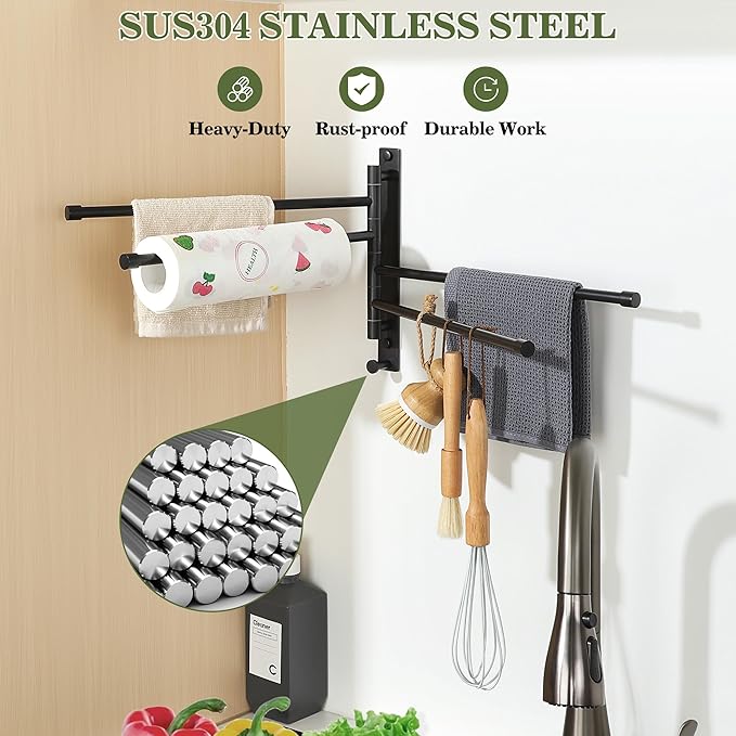 Alise Swivel Towel Rack, SUS304 Stainless Steel 4 Arms Towel Bar, Space Saving Swing Out Towel Bar with Hook, Towel Racks Wall Mounted for Bathroom, Matte Black