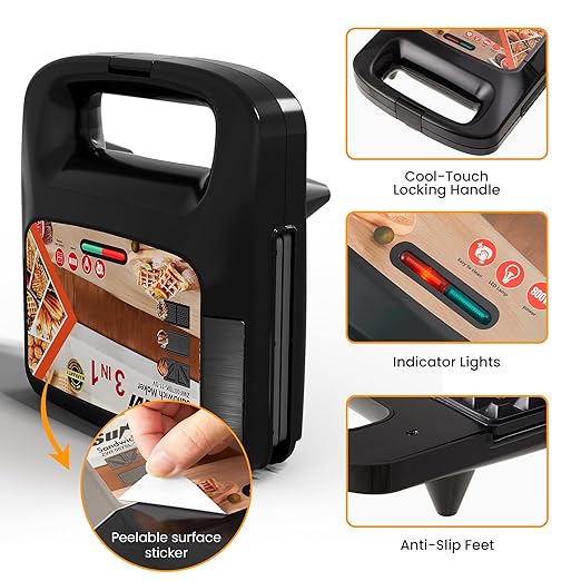 3 in 1 Waffle, Grill & Sandwich Maker, Sandwich Maker Panini Press Waffle Iron Set with Removable Non-Stick Plates & Indicator Lights, Panini Press Grill for Breakfast, 800W, Black