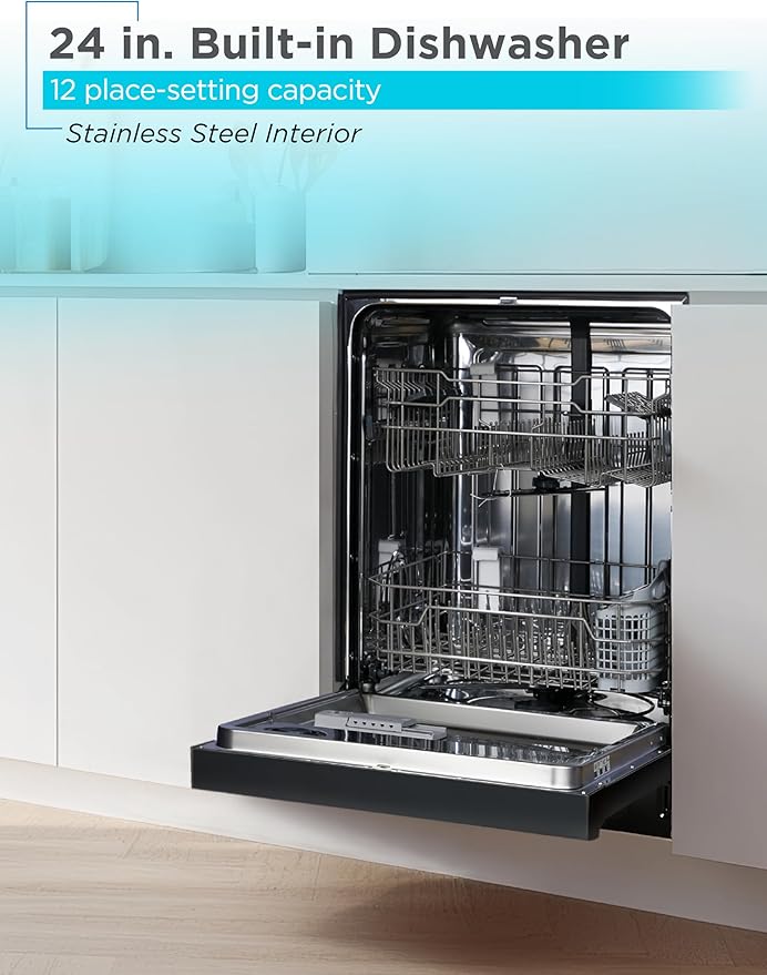 BLACK+DECKER 24" Built-In Dishwasher, 12-Place Setting Capacity with Stainless Steel Tub, Dish Washer with 6 Wash Programs, Low Noise, ENERGY STAR Certified, BDW200MB, Black