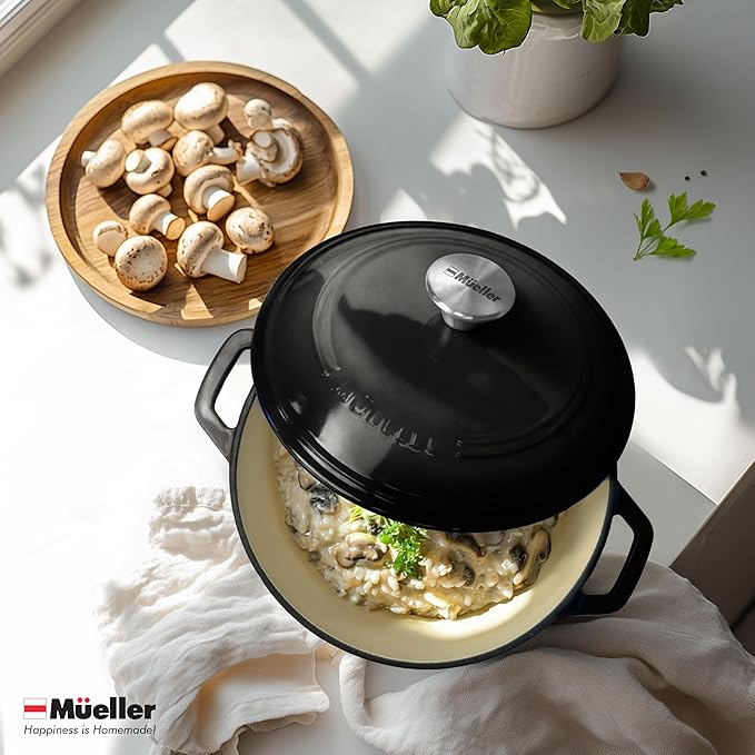 MUELLER HOME 6 Quart Enameled Cast Iron Pot Dutch Oven, Heavy-Duty Oven-Safe up to 500° F, & Across All Cooktops, Casserole Dishes for Ovens, Bread Pan with Lid and Knob, Cast Iron Cookware, Black
