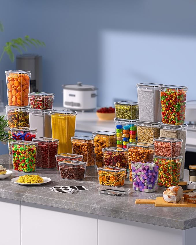 KEMETHY 36 PCS Airtight Food Storage Containers with Lids, Kitchen Pantry Organization and Storage, BPA-Free Plastic Scale Food Canisters for Cereal, Flour, Sugar, Dry Food, Include Labels & Marker