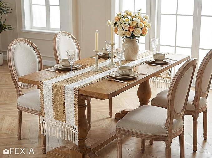 FEXIA Boho Table Runner with Tassels for Home Decor Farmhouse Rustic Table Runner Macrame Burlap Woven Dinning Decoration for Living Room Bridal Shower Independence Day Decorations(12x72 Inches)