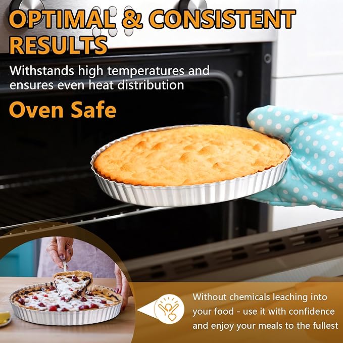 TeamFar Tart Pan, 9.5 Inch Stainless Steel Round Tart Pie Pan, Metal Quiche Baking Dish with Fluted Side for Baking Fruit Tarts, Quiches, Pies, Mousse Cakes, Heavy Duty & Dishwasher Safe
