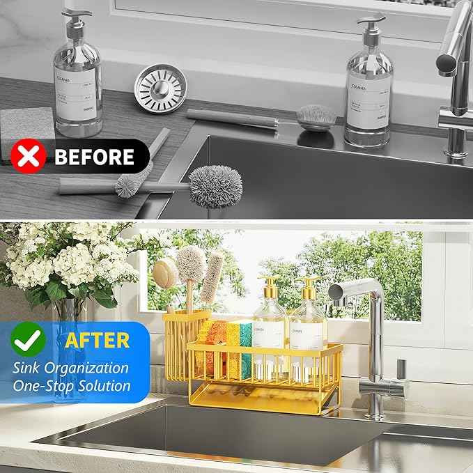 Cisily Yellow Sink Caddy Organzier with High Brush Holder, Sponge Holder for Sink, 304 Rustproof Stainless, Kitchen Countertop Soap Dispenser Organizer,Yellow Kitchen Decor and Accessories