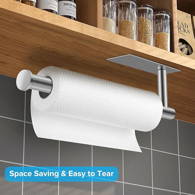 2nd Gen Paper Towel Holder Under Cabinet No Drilling, [More Sturdy] Self Adhesive or Drilling Paper Towel Holder Wall Mount for Kitchen, RV, [Fit Mega Paper Towel Roll] SUS304 Stainless Steel