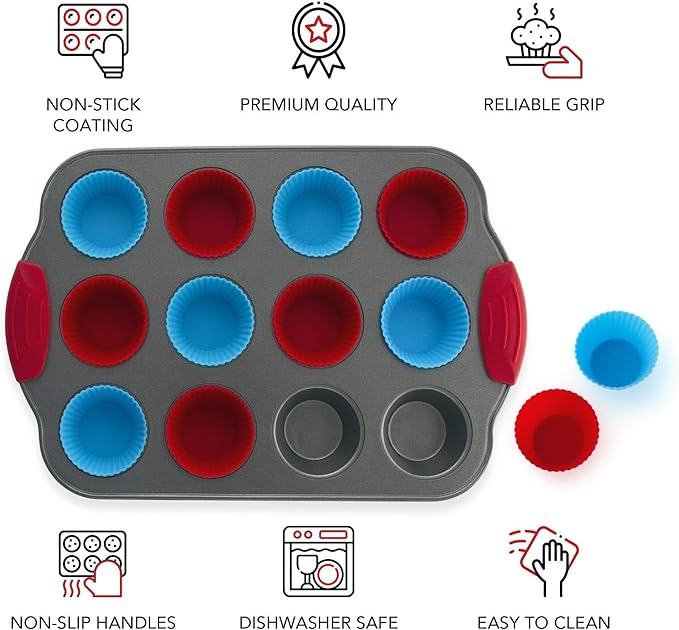 Premium Non-Stick Baking Set: Banana Bread Loaf Pan, 12 Cup Mini Muffin Pan with Silicone Liners, and Jumbo 6 Cup Muffin Pan - Professional Bakeware with Comfortable Silicone Handles