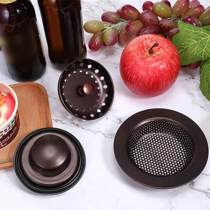 Mudder 3 Pcs Kitchen Sink Drain Strainer and Stopper Stainless Steel Garbage Disposal Plug with Handle Universal Anti-Clogging Kitchen Sink Filter Sieve Basket Strainer(Oil Rubbed Bronze)