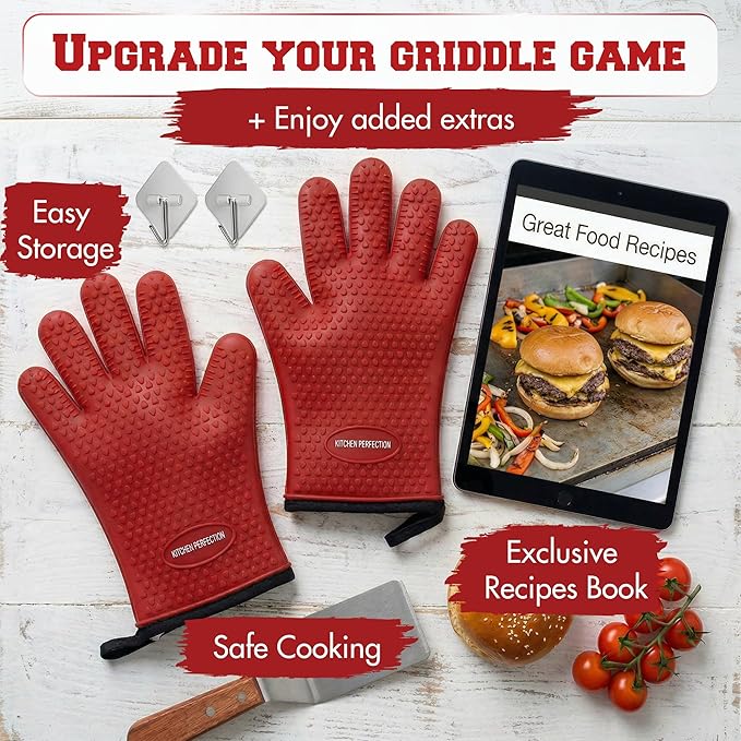 KITCHEN PERFECTION XL Silicone Oven & Griddle Gloves -Extreme Heat Resistant BBQ & Grilling Gloves -Handle Hot Food Right on Your Griddle |Waterproof Oven Mitts Grill Gloves |Superior Set+3 Bonuses