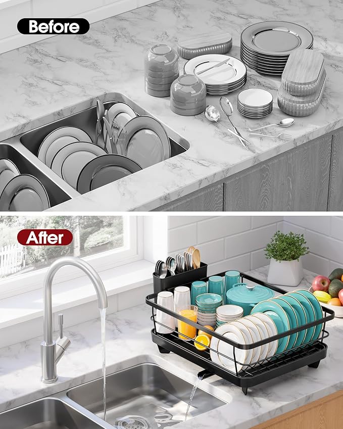 Sakugi Stainless Steel Dish Drying Rack for Kitchen Counter, Sink Organization and Storage Essentials with Silverware & Utensil Holder, Home and Apartment Decor, 12''W x 15.5''L, Black