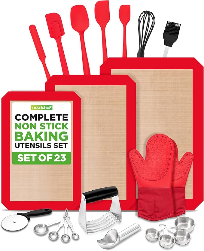 NutriChef 23-Piece Baking Utensil Collection with Measuring Tools, Silicone Mats, Spatulas, Whisk & Oven Mitts - Complete Kitchen Utensils Set and Baking Tool Set Suitable for Home Bakers