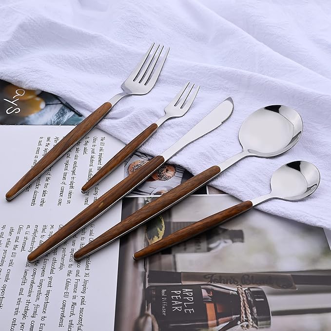 30-Piece Stainless Steel Silverware Set, Silver Mirror Polished Flatware Cutlery Set for 6, Tableware Eating Utensils Set for Home Restaurant Wedding, Dishwasher Safe (Wooden Effect Handle)