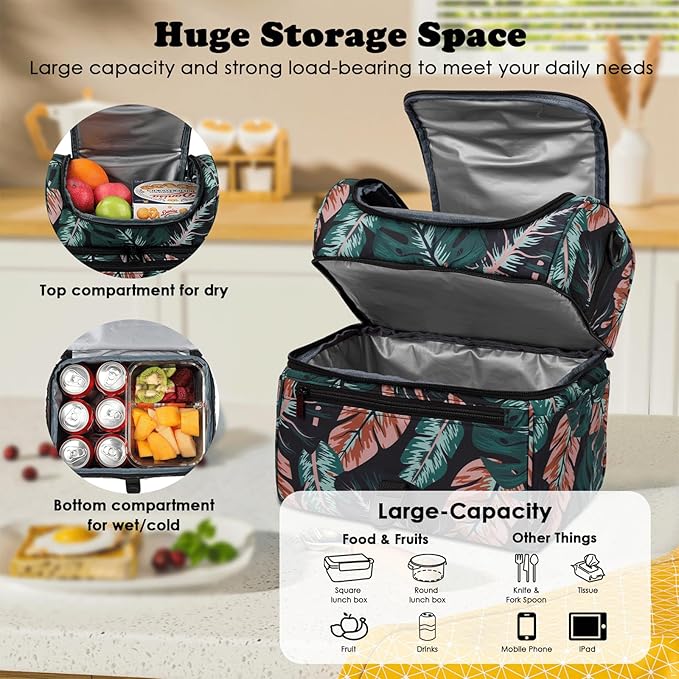 PBRO Double Deck Insulated Lunch Bag for Women,Large Reusable Lunch Box with Adjustable Shoulder Belt,Side Pockets,Cute Tropic Leaves Leakproof Lunch Tote Cooler Bag for Adult Picnic,Working -Green