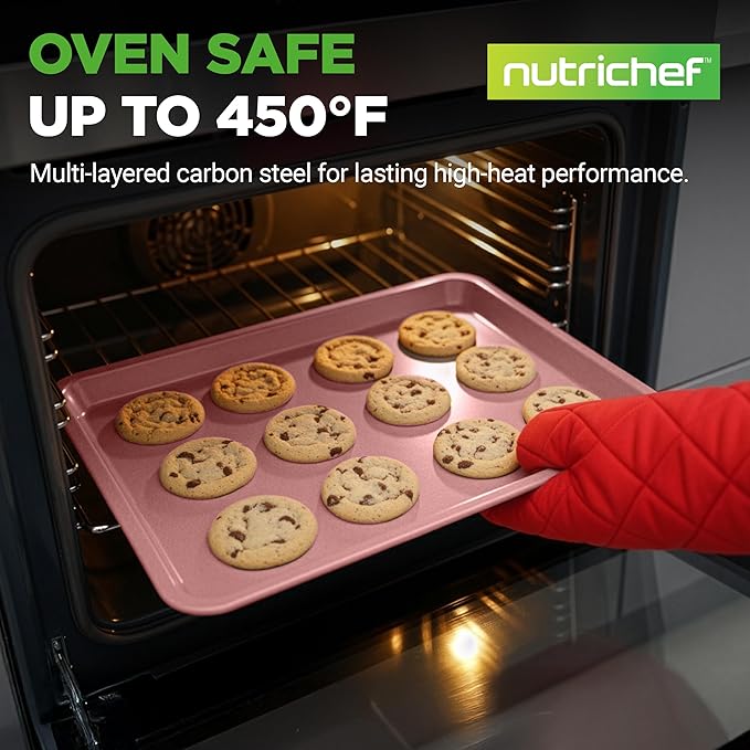 NutriChef 2-Piece Nonstick Cookie Sheets for Baking - Premium Medium & Large Size Baking Sheet Set - Thick Carbon Steel Bakeware Trays - Dishwasher Safe, Rose Gold