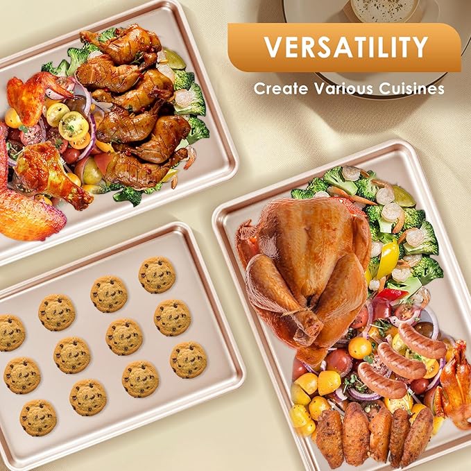 Baking Sheet Pan Set of 3, Commercial Cookie Sheets for Baking, Nonstick Half/Quarter/Jelly Roll Pans Replacement Toaster Oven Tray, Heavy Duty & Easy Clean, Rose Gold