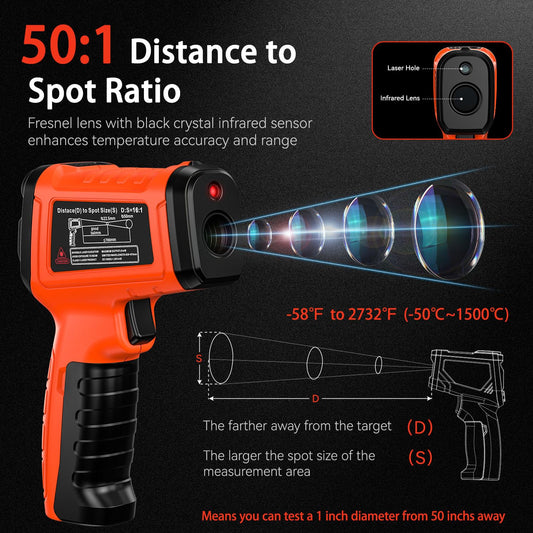 '-58°F to 2732°F Infrared Thermometer IR Laser Gun 50:1, Digital Temperature Gun/K-Type Probe -4°F~932°F, Humidity Sensor, High-Temp Pyrometer for Kiln, Forge, Furnace, Industrial Use