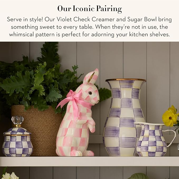 MACKENZIE-CHILDS Enamel Creamer and Sugar Bowl Set, Cream Dispenser with Pour Spout and Sugar Holder, Unique Kitchen Decor, Purple-and-White Violet Check
