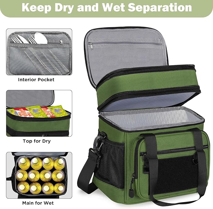 GLENKEY Tactical Lunch Box Cooler Bag - Expandable Insulated Lunch Bag for Men Women - Large Lunchbox for Adults Work Shifts Outdoor Trips Army Green 16L