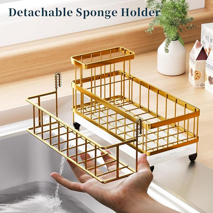 Consuemst Sponge Holder for Kitchen Sink - Auto Draining Sink Caddy Organizer with Detachable Rack, High Brush Holder, Kitchen Countertop Storage Accessories, Gold