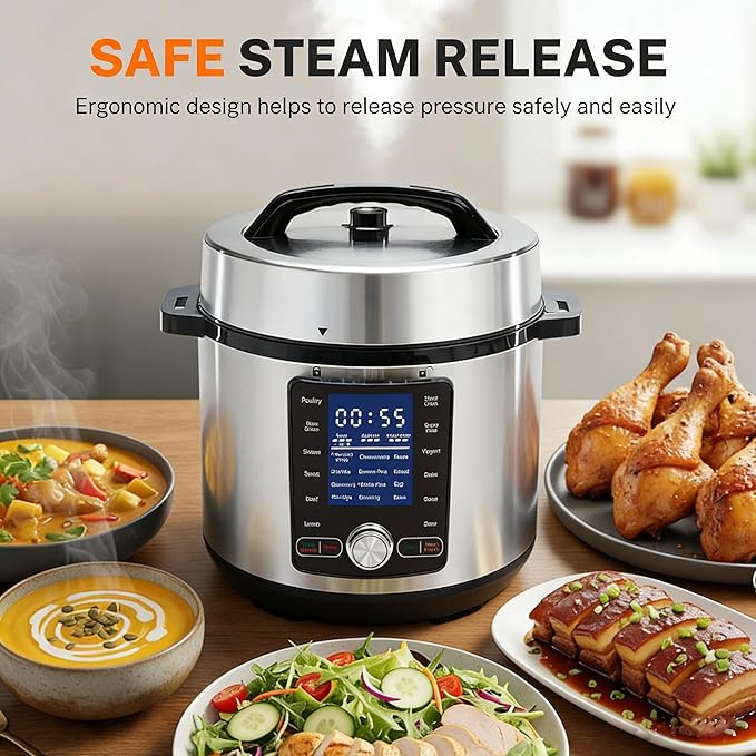 HealSmart 24-in-1 Electric Pressure Cooker 6.3 Quart, Non-Stick Stainless Steel Multi Cooker for Slow Cooking, Yogurt Maker, Steam, Rice, Bake, Dishwasher Safe, Silver