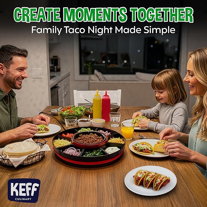 KEFF Taco Tuesday Kit - Taco Bar Serving Set for a Party, Lazy Susan Serving Dish 6 Sections, 4 Tacos Holder, Condiment Containers, Squeeze Bottles, Tongs, Recipes & Instructions - Tailgate Essentials