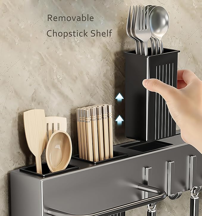 SEIDO Carbon Steel Utensil Rack – Space-Saving 12" L Kitchen Organizer with hooks & hanging bar, Gunmetal Gray Knife Holder, 2 Installation Options (Adhesive/Screwed)