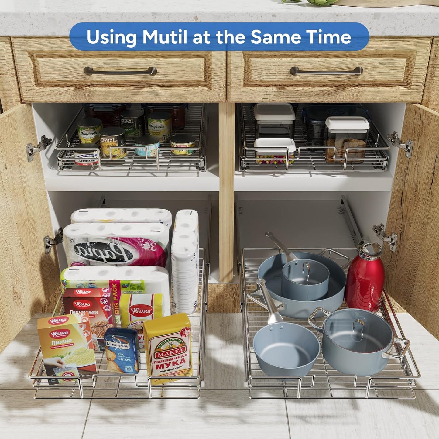 ROOMTEC Pull Out Cabinet Organizer, Cabinet Pull Out Shelves 28½" W x 21½" D, Heavy Duty Cabinet Drawers Slide Out Kitchen Cabinet Organizers Storage Shelf