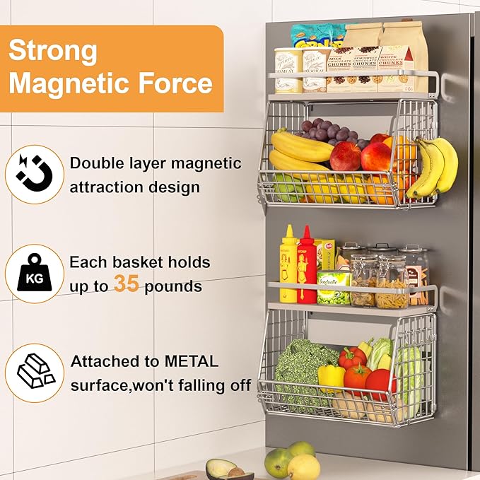 Wire Fruit Basket 2 IN 1 Magnetic & Hanging Wall Produce Basket with Spice Rack for Potato Onion Vegetable Storage for Pantry,Kitchen Countertop and Fridge Organizer