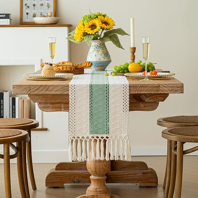 FEXIA Boho Table Runner for Home Decor with Tassels 60 Inches Long,Sage Green Farmhouse Rustic Table Runner Macrame Burlap Table Decoration for Living Room Bridal Shower(12x60 Inches)
