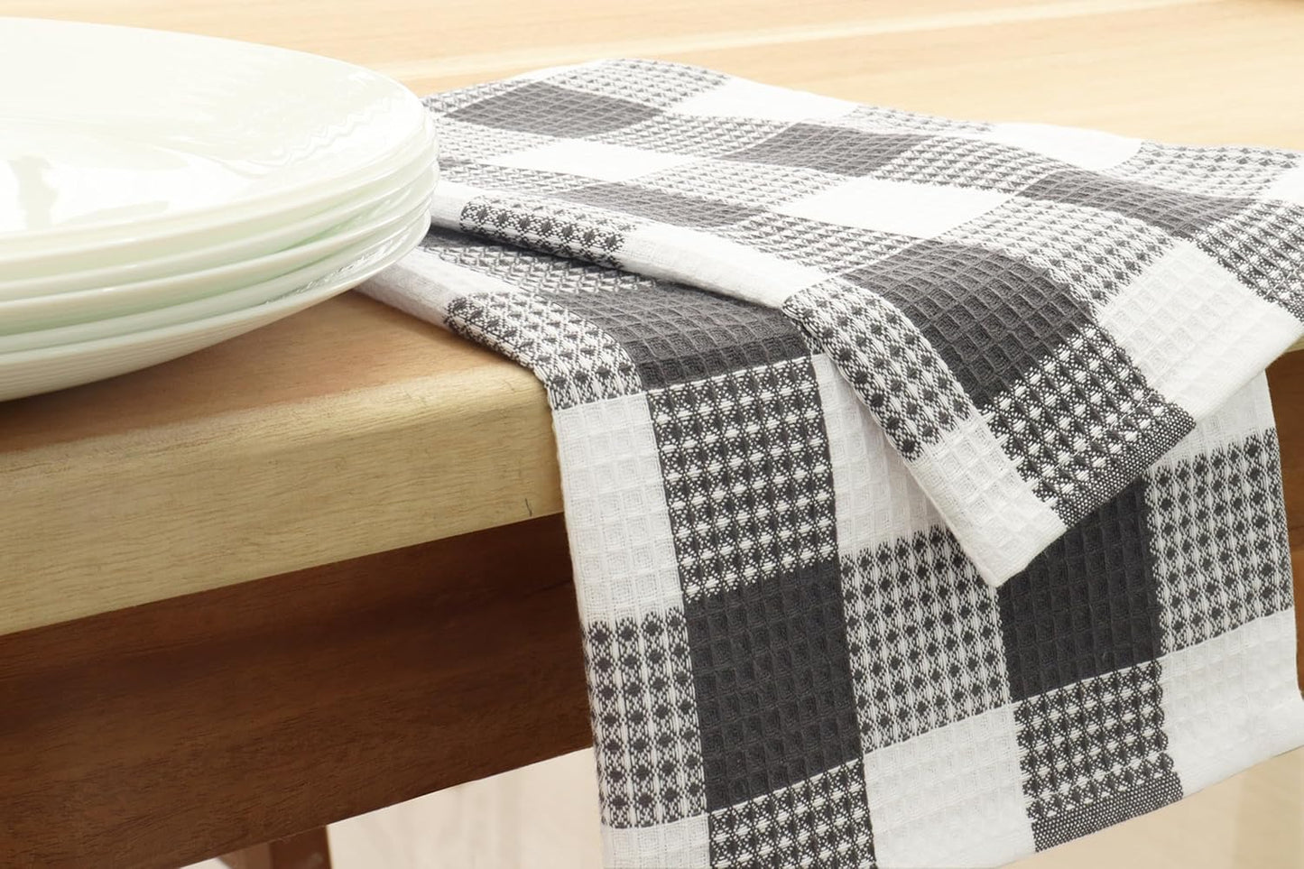 PurpleEssences 100% Cotton Waffle Weave Check Plaid Kitchen Towels, Super Soft and Absorbent Dish Towels for Drying Dishes 15 x 25-4 Pack - Spring Summer - Steel Grey and White
