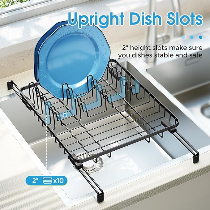 Urackify Over The Sink Dish Drying Rack, in Sink Dish Rack with Expandable Feet, Small Dish Drainer, Home Plate Dryer Storage Rack with Cutlery Holder, Black