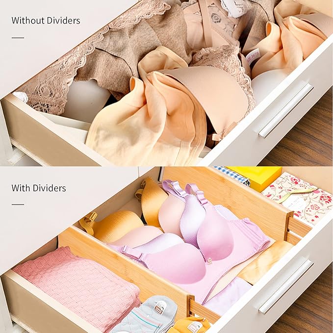 Utoplike Small Bamboo Kitchen Drawer Dividers(Fits 15"-17.7" Drawer Inner Size), 4 PCS Adjustable Drawer Organizers for Socks, Spring Loaded, Works in Drawer for Bedroom, Dresser | Adjustable, Drawer Organizers, for Socks, Spring Loaded, Works in Drawer