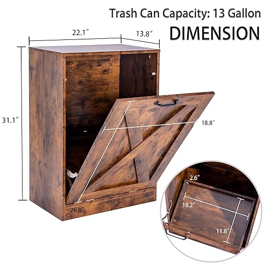 13 Gallon Wooden Tilt Out Trash Cabinet Hidden Trash Can Kitchen Recycling Cabinet Laundry Cabinet for Kitchen, Living Room (Brown)