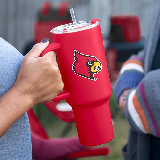 Logo Brands NCAA 40 oz Tumbler with Handle -Stainless Steel Insulated Travel Tumbler with Straw Lid – Powder Coated, Leak-Resistant, Keeps Drinks Hot/Cold – Great for Tailgating, or Everyday Use
