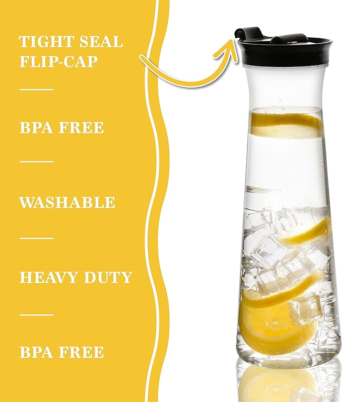 Clear Plastic Water Pitchers Carafes with Flip top Black Lids 34 OZ Heavy Duty Beverage Pitcher Jug for Juice or iced Coffee Great for Mimosa bar Restuarants ot Schools Pack of 2