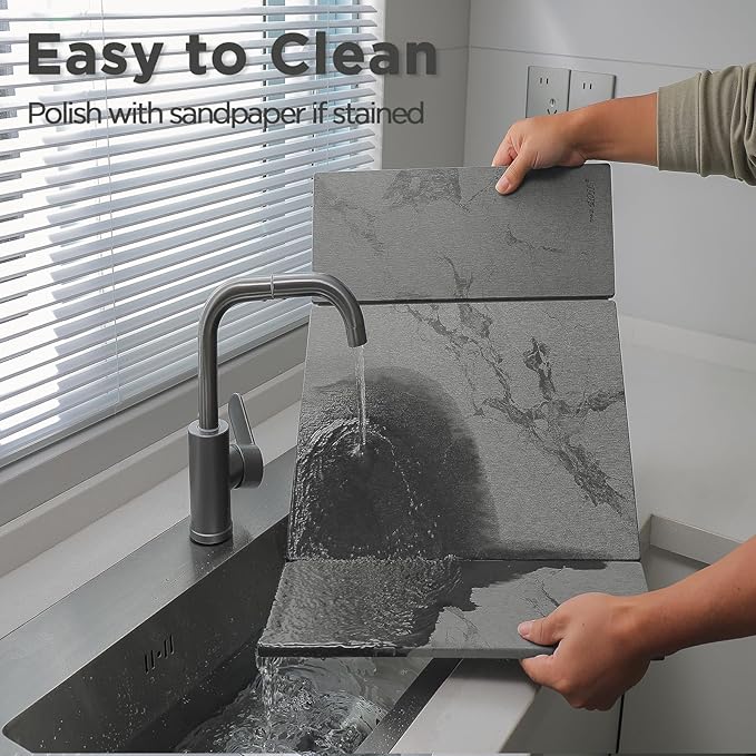 2PCS Stone Drying Mat for Kitchen Counter, Dark Gray with Black Veins Large Stone Dish Drying Mat - Diatomite Earth Water Absorbing Drying Stone for Kitchen Counter Mat, Quick Dry Stone Mat Kitchen